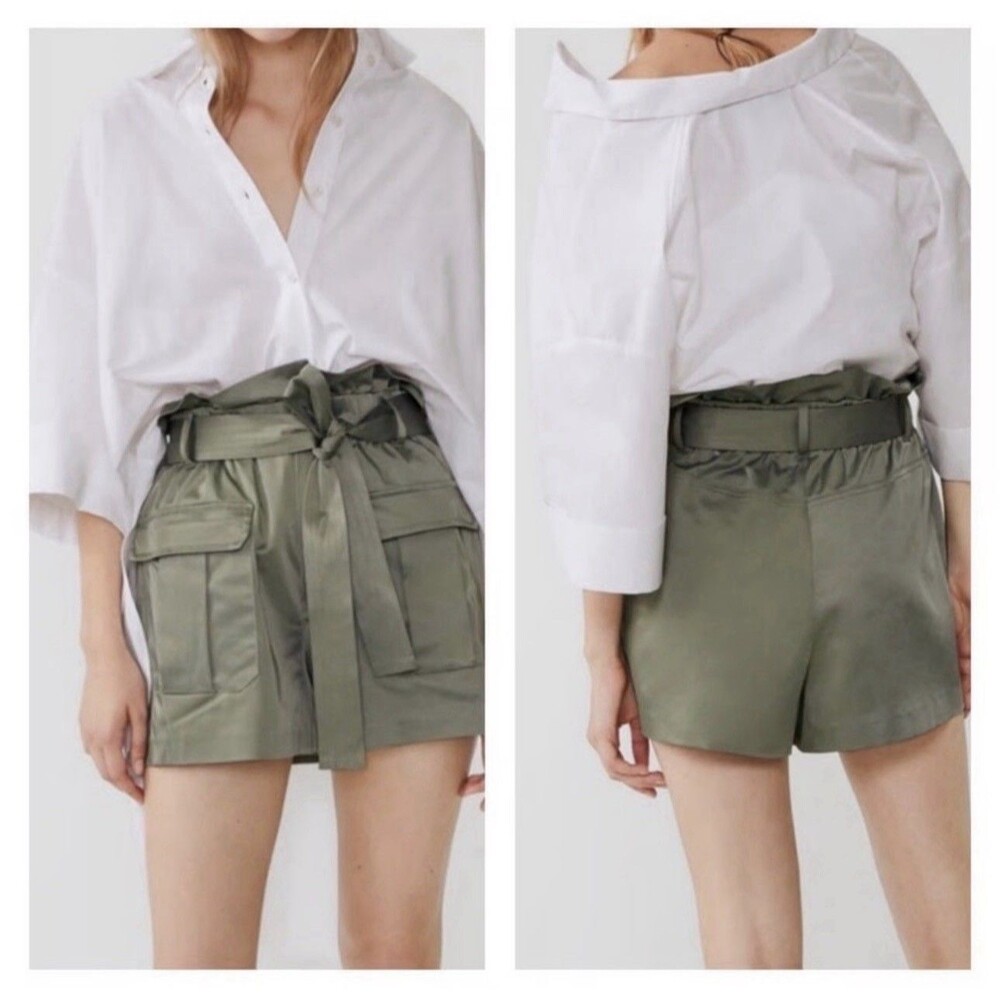 Zara Satin Cargo Shorts Women Large Green High Waist Spring Summer Vacation Chic